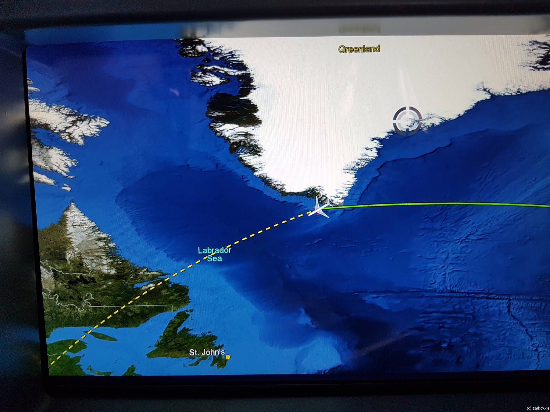 Flugstrecke: direkt über den Südzipfel von Grönland