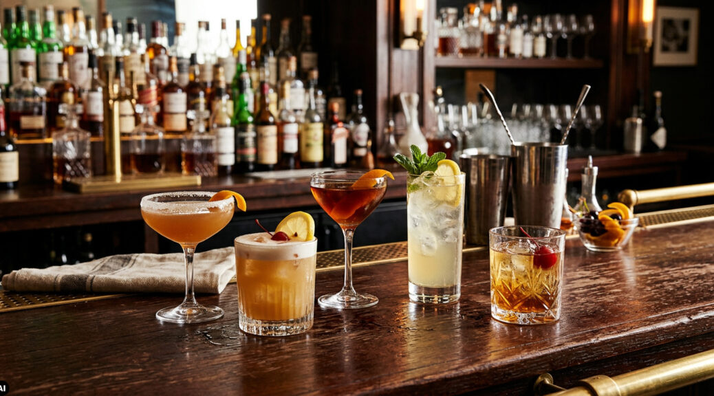 Cognac und Amaretto Cocktails auf einem Bar Tresen