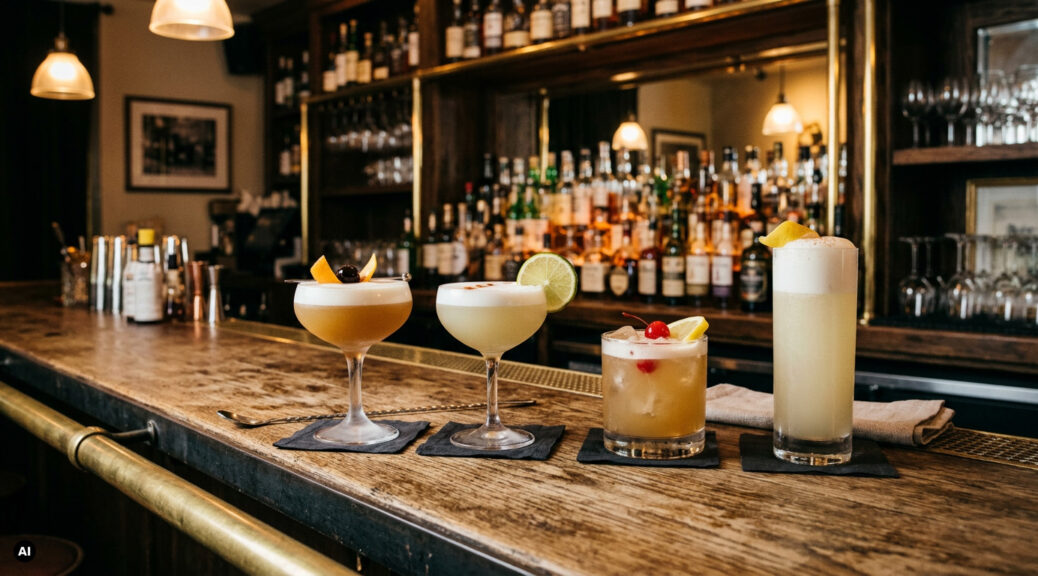 Sour Cocktails auf einem Bar Tresen