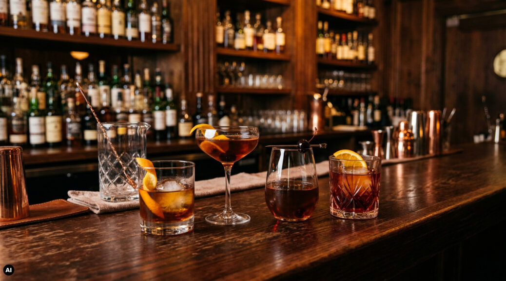 Spirit Forward Cocktails auf einem Bar Tresen