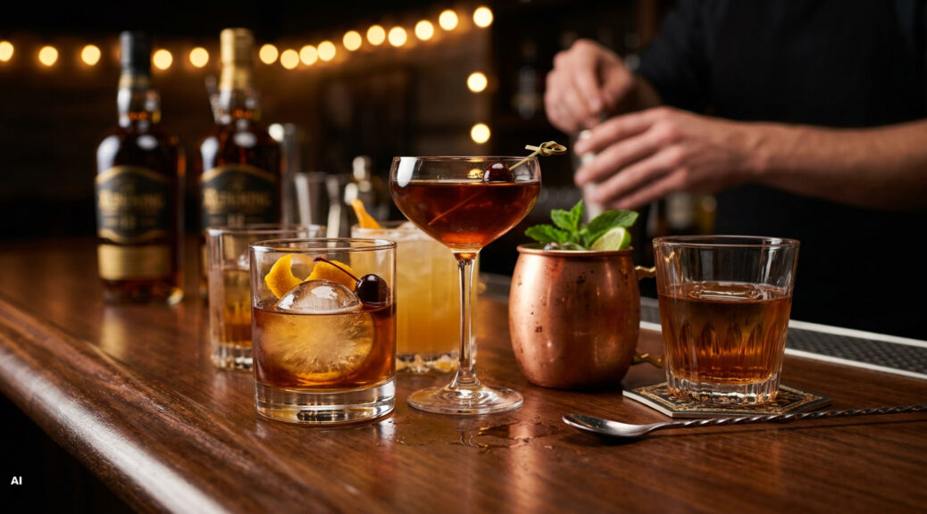 Whiskey Cocktails auf einem Tresen